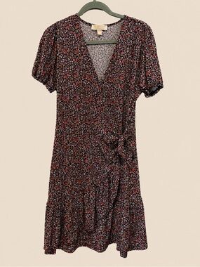 Michael Kors Black Floral Midi Dress with Pink and White Accents